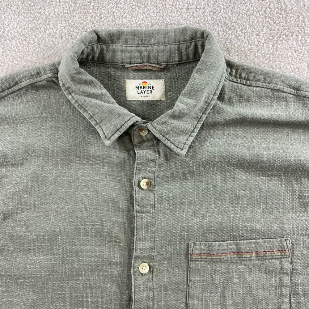 Marine Layer Button Down Shirt Mens XL Green Short Sleeve Slub Stretch 15800